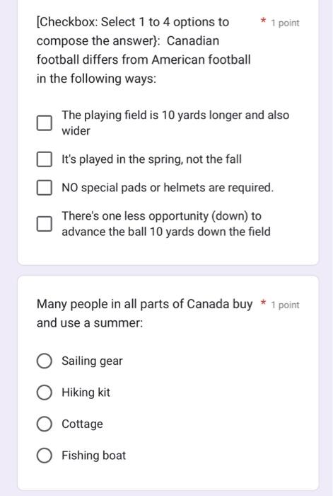 [Checkbox: Select 1 to 4 options to * 1 point