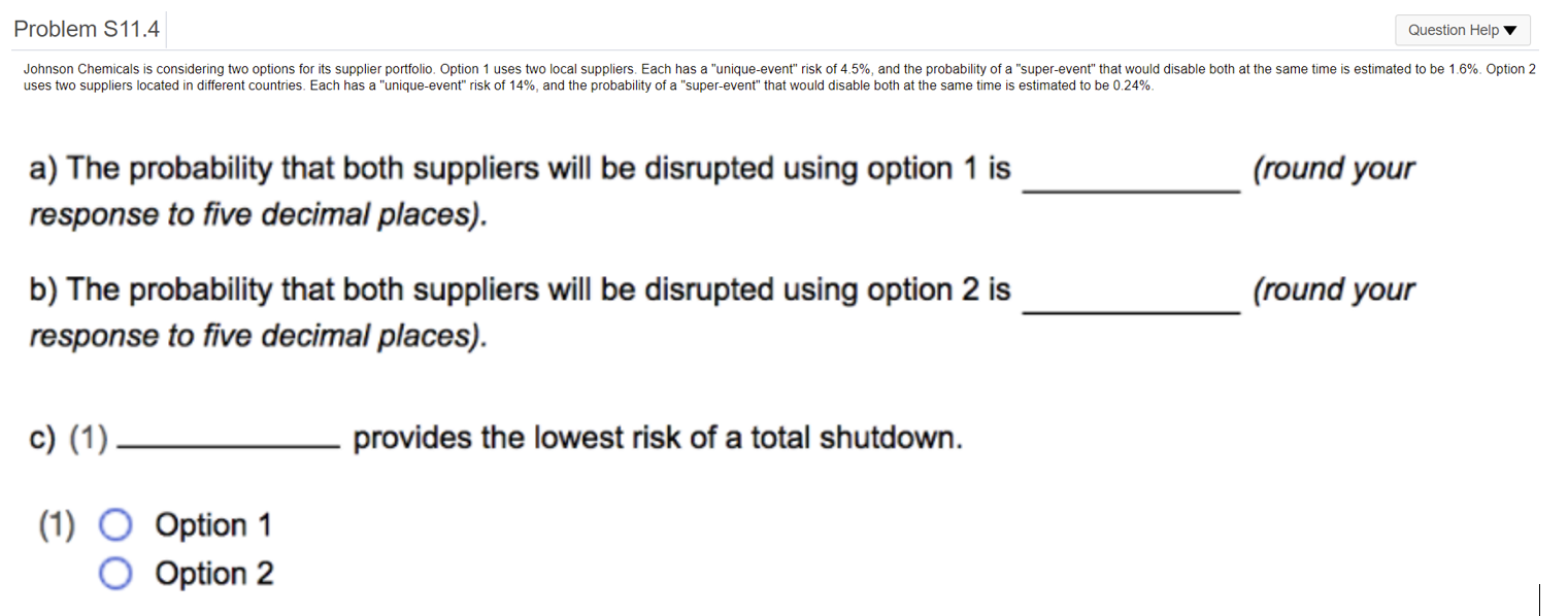 Problem S11.4 Question Help Johnson Chemicals is