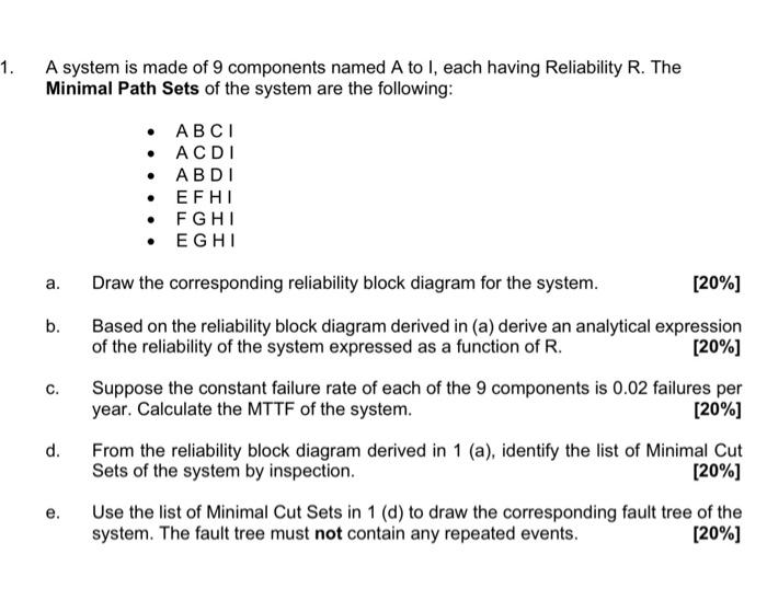 1. A system is made of 9 components named A to I,