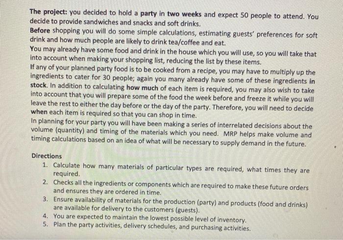 The project: you decided to hold a party in two