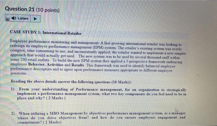 Question 21 (10 points) Listen CASE STUDY 1:
