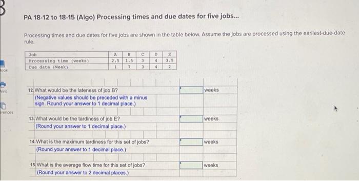 PA 18-12 to 18-15 (Algo) Processing times and due