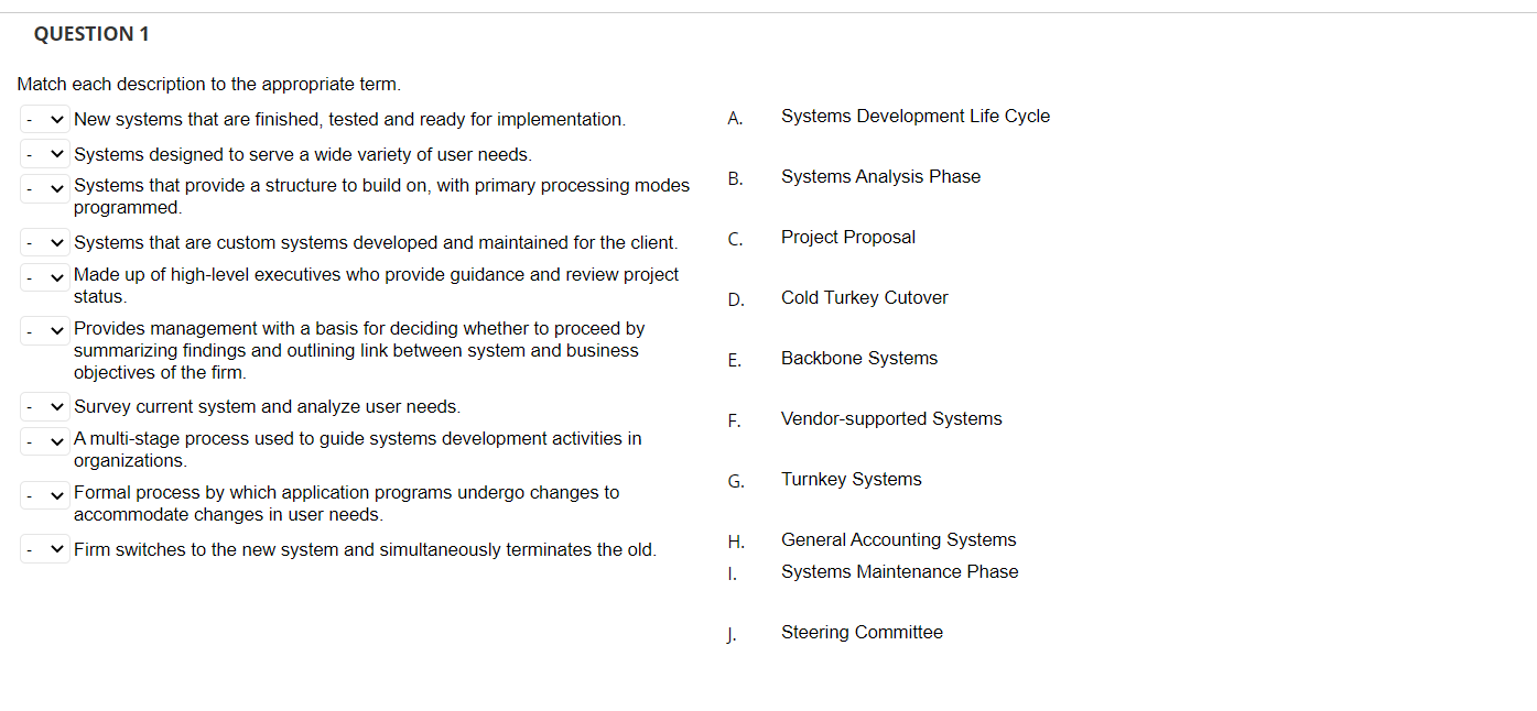 QUESTION 1 Match each description to the