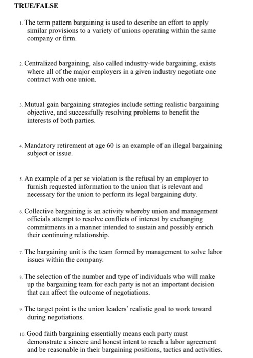 TRUE/FALSE 1. The term pattern bargaining is used