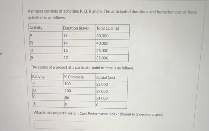 A given project activity has the following time