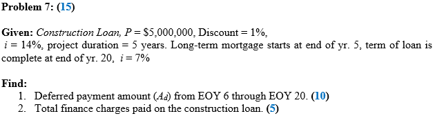 Problem 7: (15) Given: Construction Loan, P =