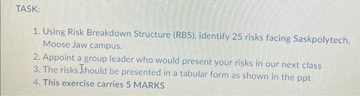 TASK: 1. Using Risk Breakdown Structure (RBS),