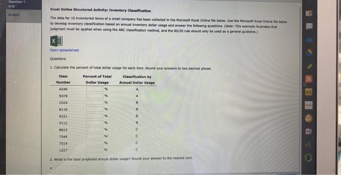 Question 1 0/10 Bubmit Excel Online Structured