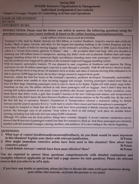 Spring 2020 BUS250: Business Organization &