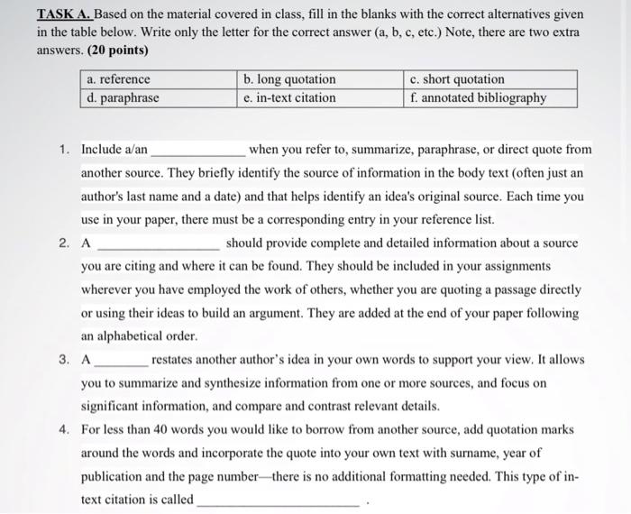 bus230 TASK A. Based on the material covered in