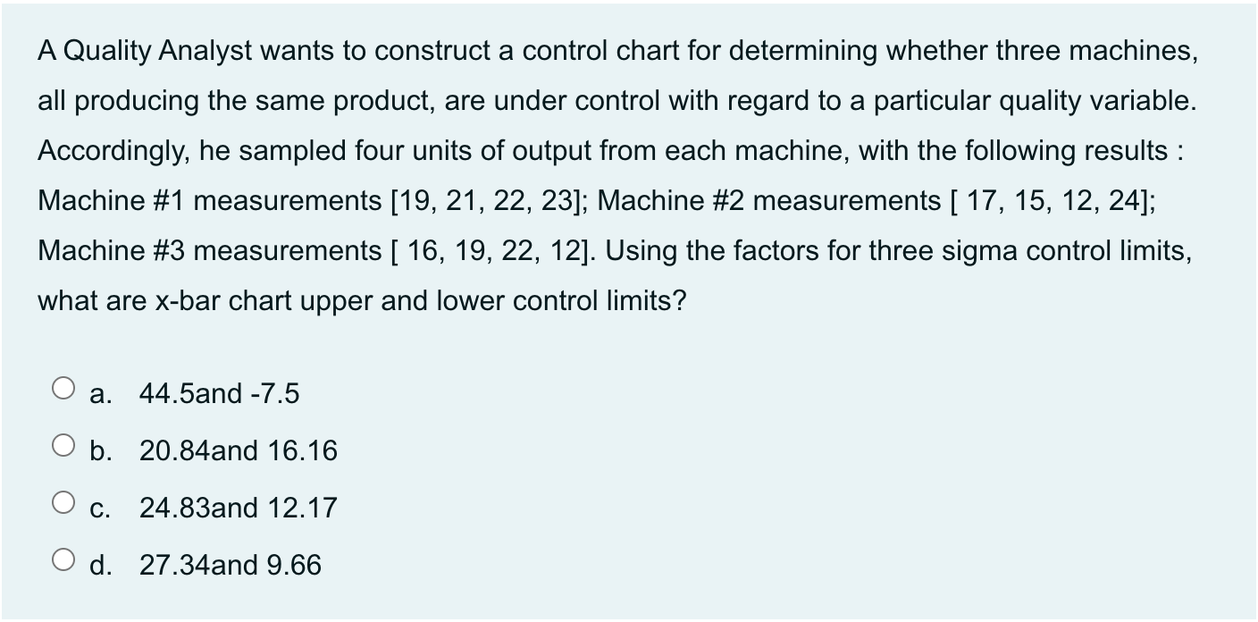 A Quality Analyst wants to construct a control