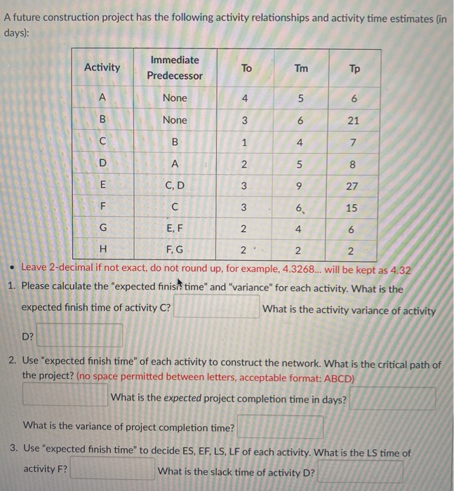 A future construction project has the following