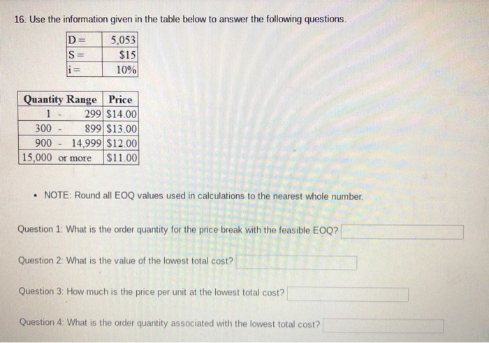 D = 16. Use the information given in the table