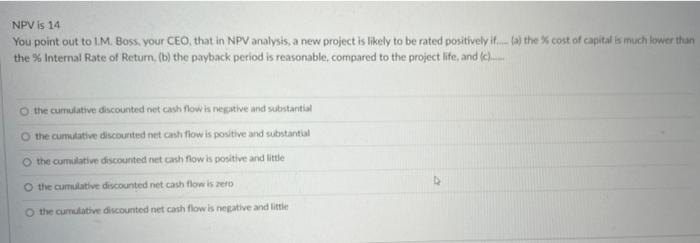 NPV is 14 You point out to I.M. Boss, your CEO,