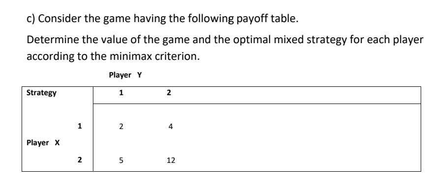 c) Consider the game having the following payoff