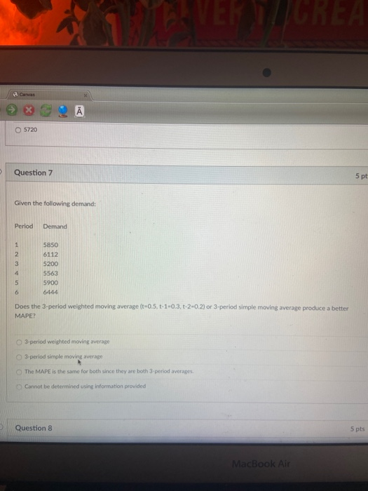 5720 Question 7 5pt Given the following demand: