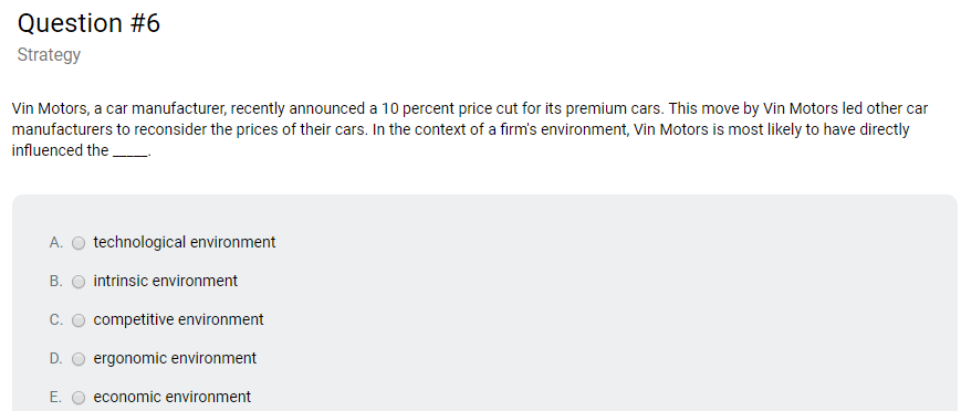 Question #6 Strategy Vin Motors, a car