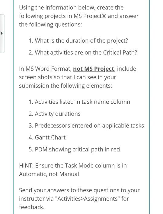 Using the information below, create the following