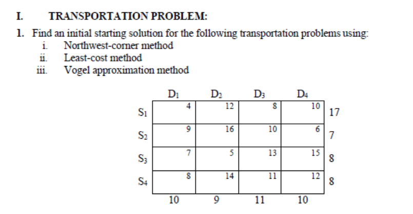 1. TRANSPORTATION PROBLEM: 1. Find an initial