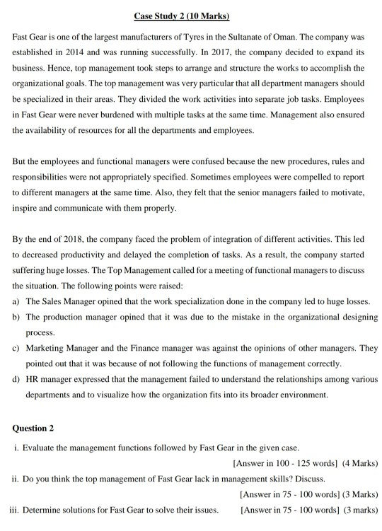 For lndustrial management Case Study 2 (10 Marks)