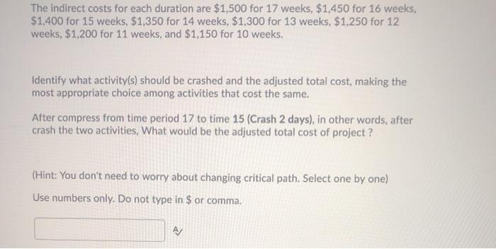 3 X Completion time: Indirect cost: 17 $1,500