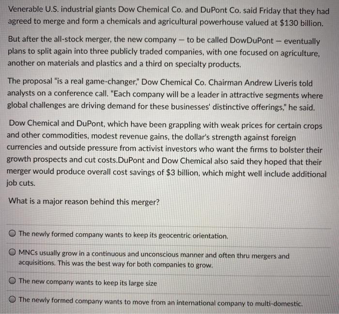 Venerable U.S. industrial giants Dow Chemical Co.