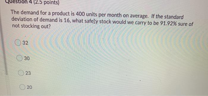 Question 4 (2.5 points) The demand for a product