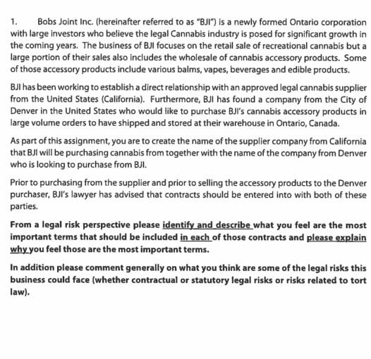 case question 1. Bobs Joint Inc. (hereinafter