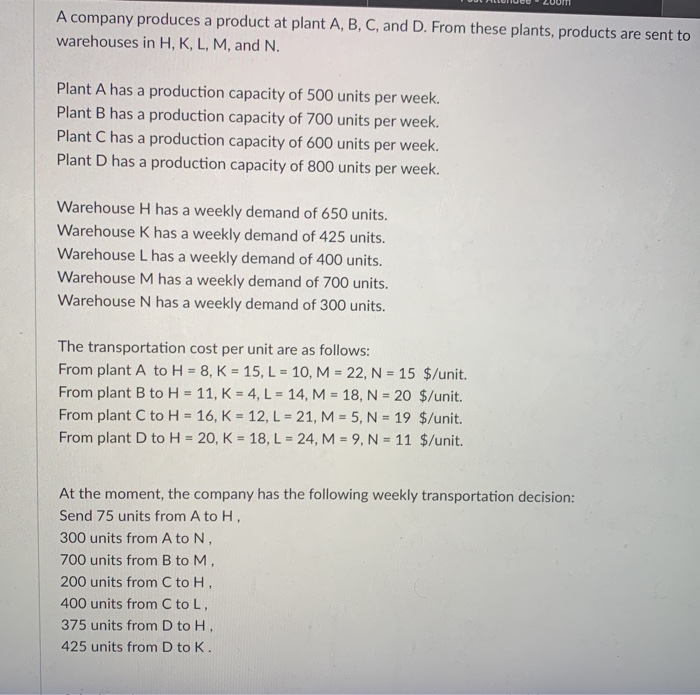 show in Excel. Calculate the total transportation