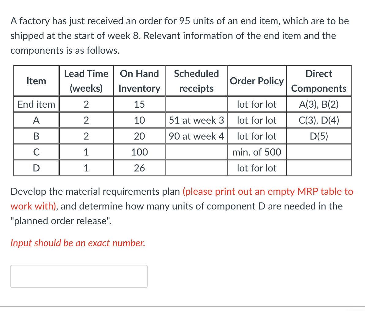 Need help finding how many units of component D