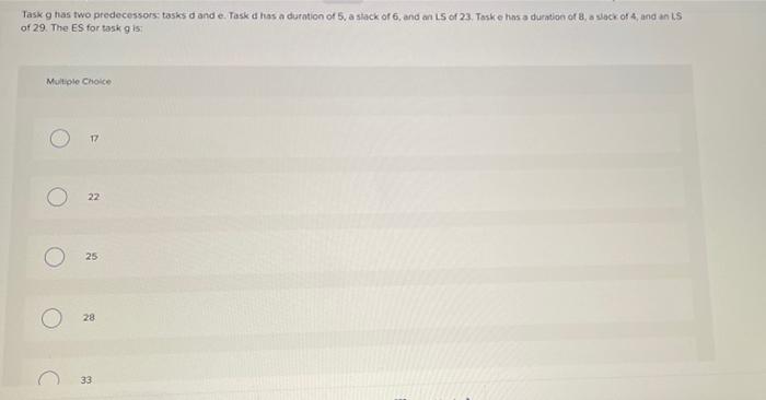 Taske has two predecessors: tasks d and e. Task d
