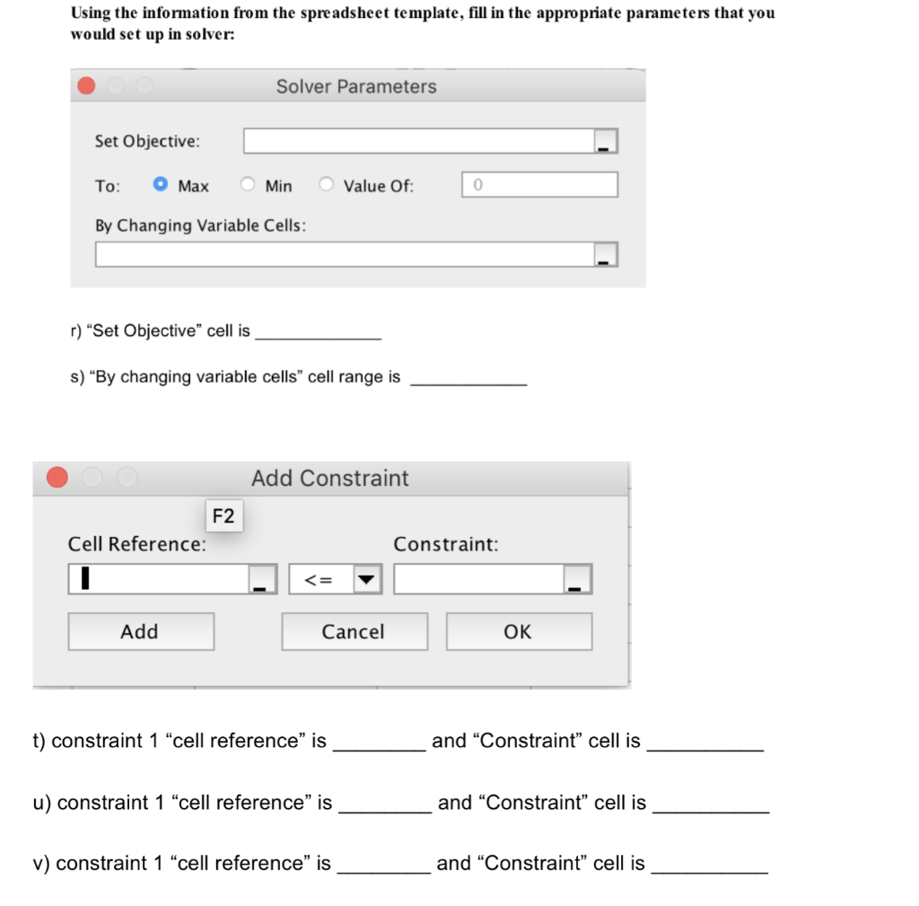 Please just answer R), S), t),u), and v) Problem