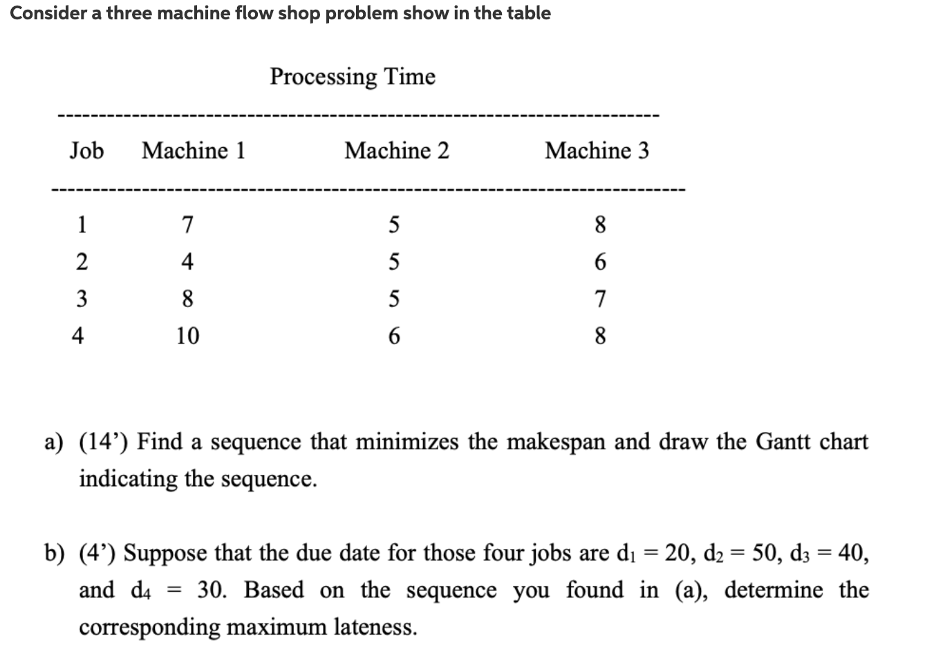 Consider a three machine flow shop problem show