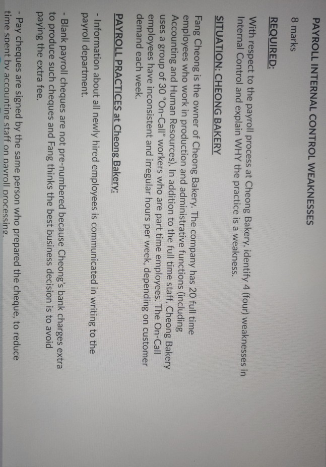 PAYROLL INTERNAL CONTROL WEAKNESSES 8 marks