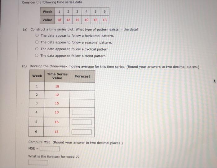 Consider the following time series data. Week 1 2