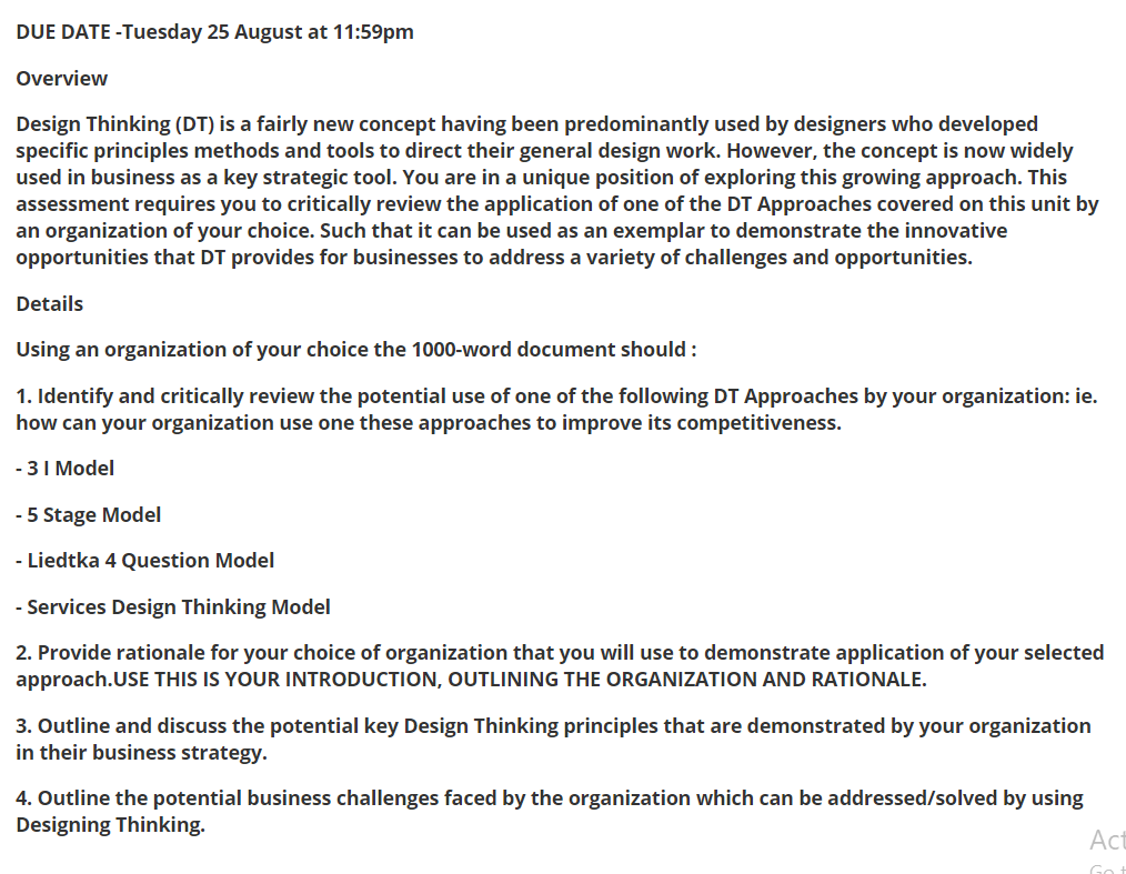 DUE DATE -Tuesday 25 August at 11:59pm Overview