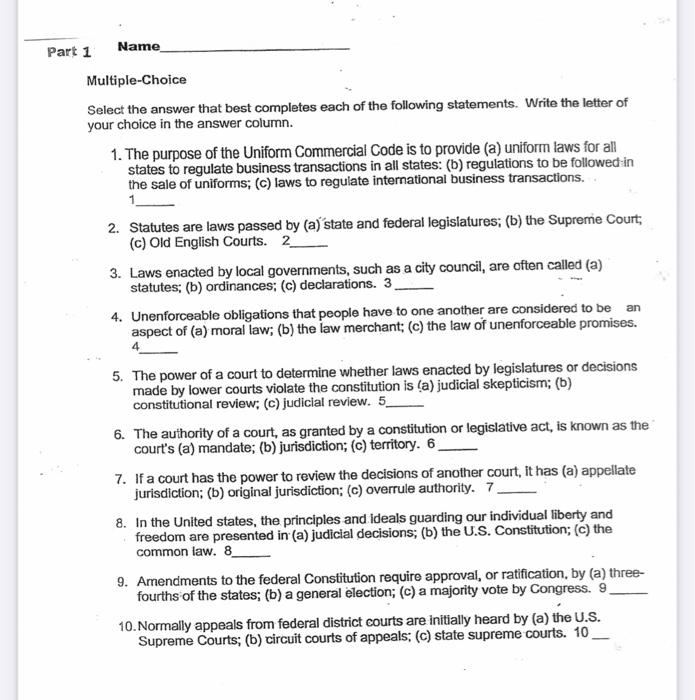 business law Part 1 Name Multiple-Choice Select