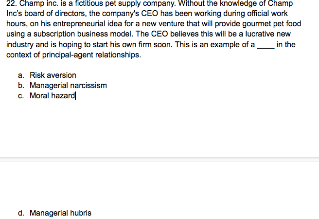 22. Champ inc. is a fictitious pet supply