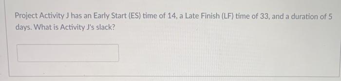 Project Activity J has an Early Start (ES) time