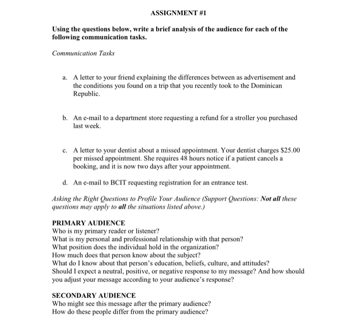 ASSIGNMENT #1 Using the questions below, write a