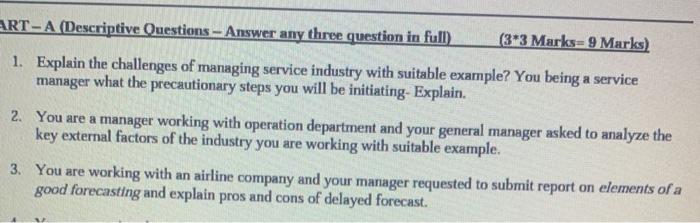 ART-A (Descriptive Questions - Answer any three