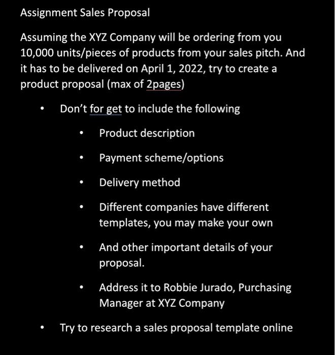 Assignment Sales Proposal Assuming the XYZ