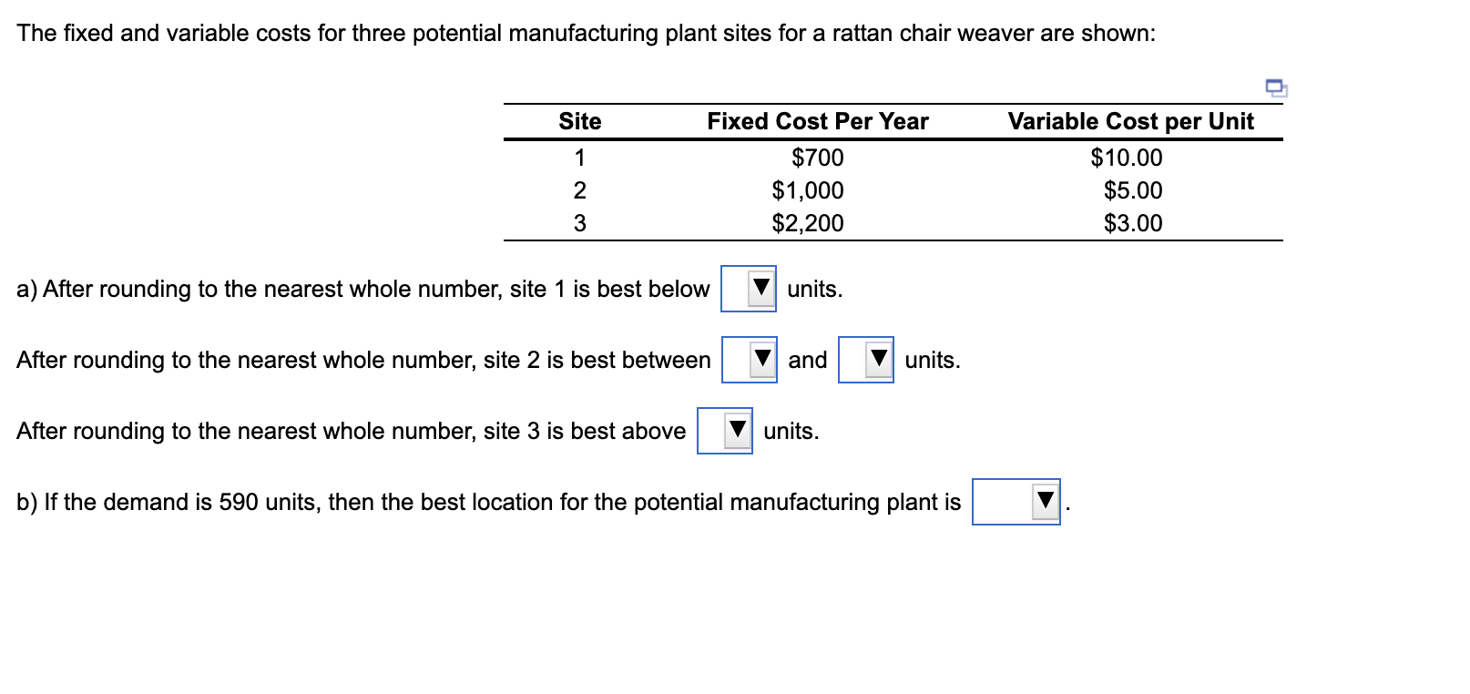 The fixed and variable costs for three potential