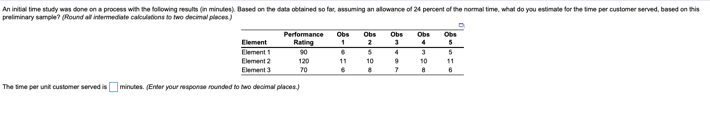 An initial time study was done on a process with