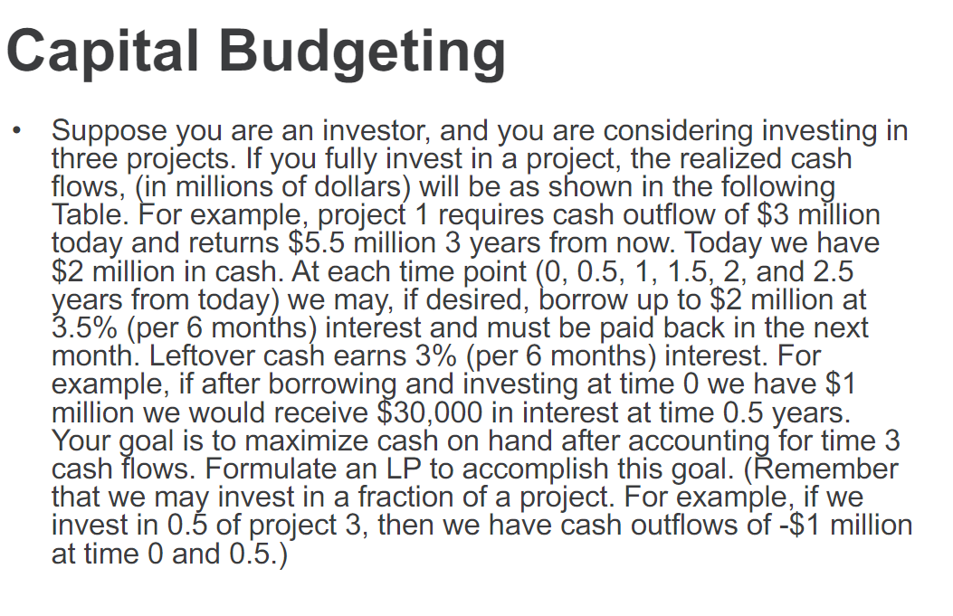 This is a multi-period capital budgeting linear