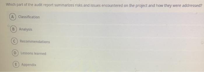 Which part of the audit report summarizes risks