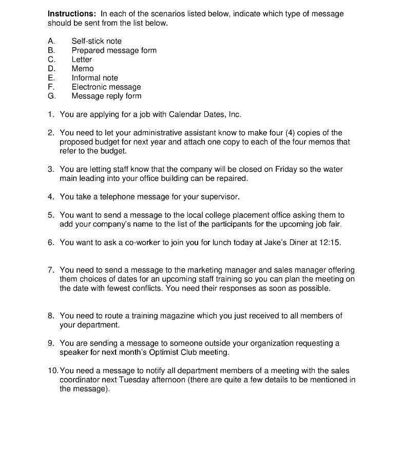 Instructions: In each of the scenarios listed