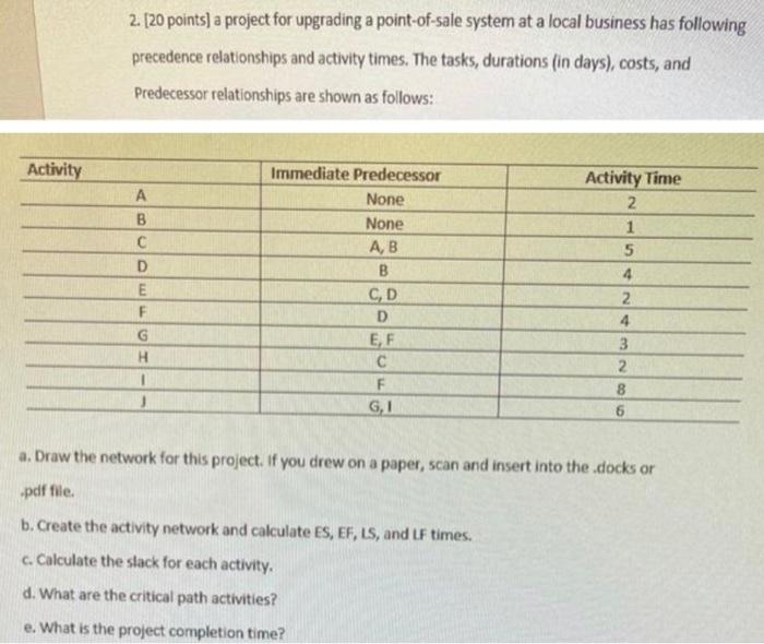 Can part c-e be answered? 2. [20 points) a