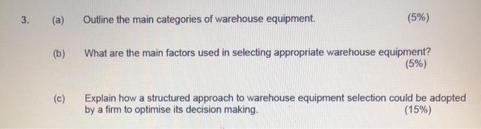 (a) Outline the main categories of warehouse