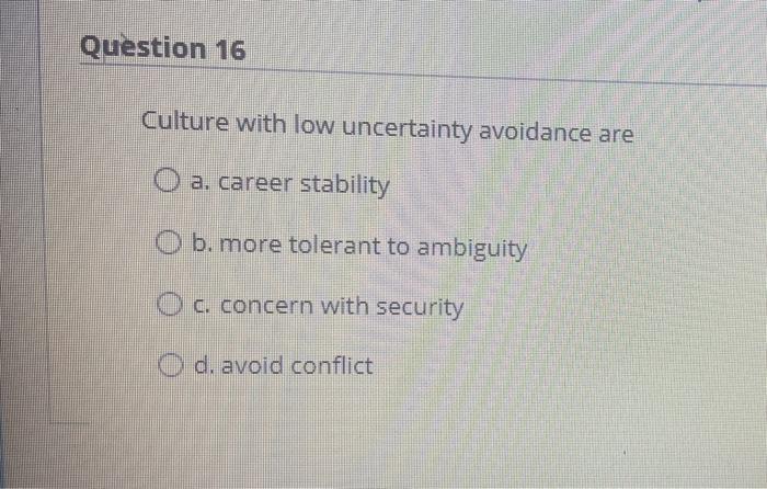 Question 16 Culture with low uncertainty